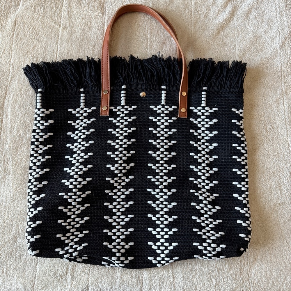 Black and White Boho Fringe Tote Bag with Tan Handles